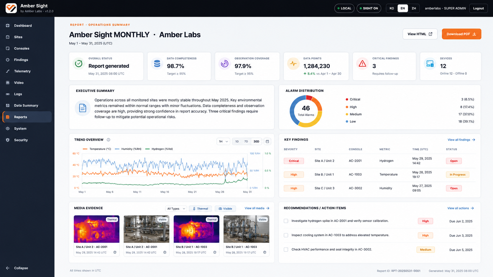 Amber Sight English operations report and analytics interface