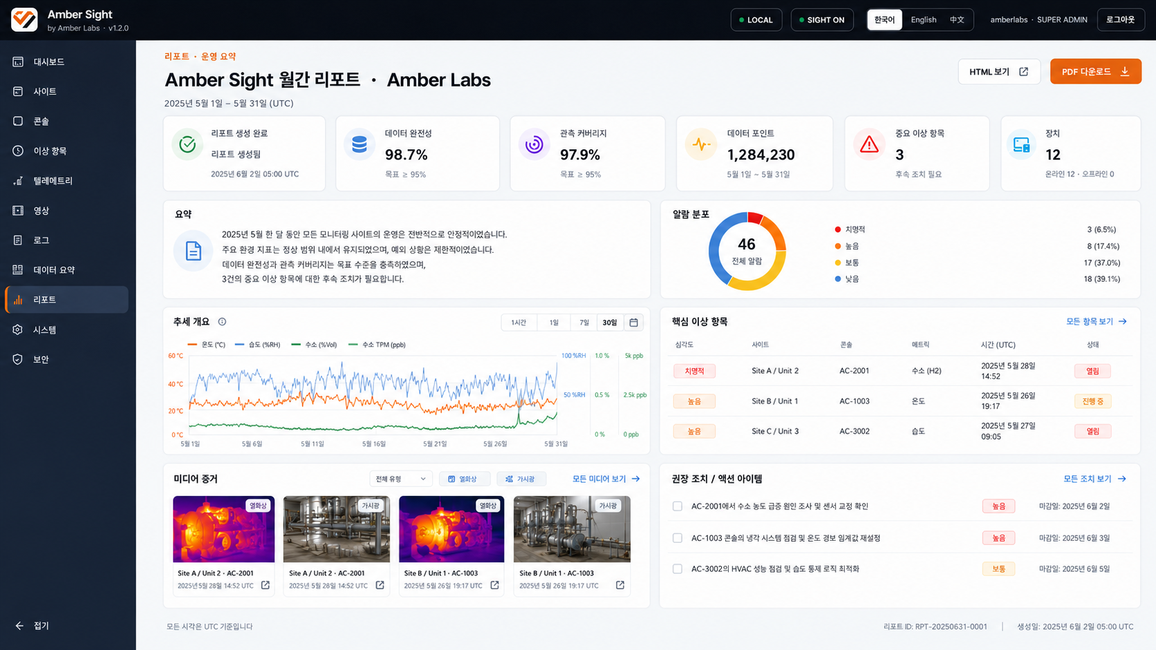 Amber Sight 한국어 운영 리포트 및 분석 화면